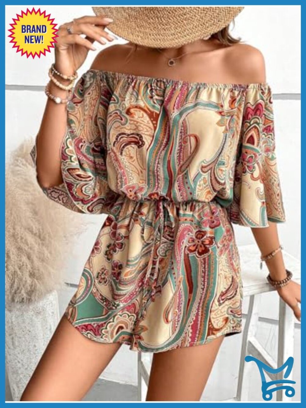 Women's Off The Shoulder Romper Boho Elastic Waist Shorts Jumpsuit Dressy - Picture 2 of 5